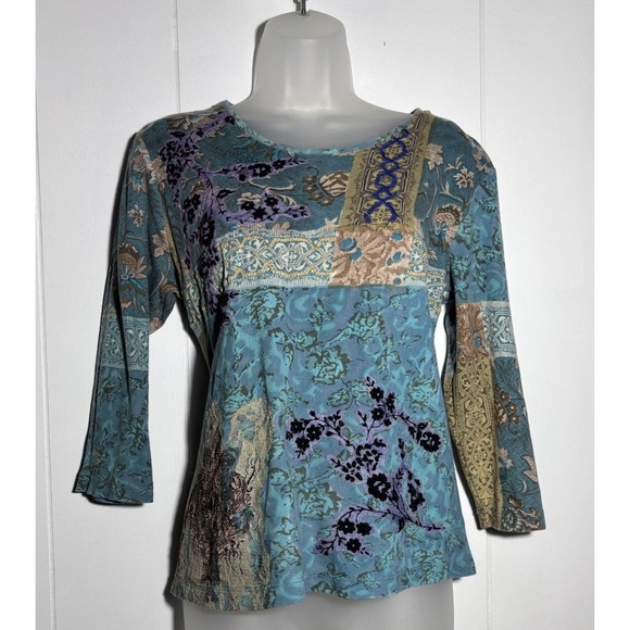 Coldwater Creek Tops - Vintage Grunge Y2K Textured Patchwork Lace Print 3/4 Sleeve Top Teal Tan M